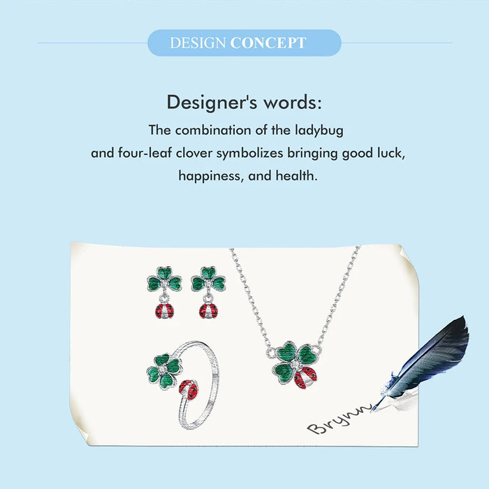 925 Sterling Silver Green Lucky Cloverleaf And Ladybug Earrings Jewelry Set On Sale