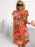 Women's Orange Red Floral Print Crew Neck Short Sleeves Tiered Chiffon Dresses On Sale