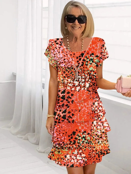 Women's Orange Red Floral Print Crew Neck Short Sleeves Tiered Chiffon Dresses On Sale