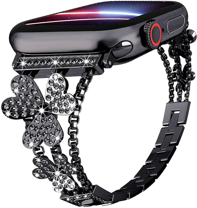 Black Cloverleaf Diamond Women Stainless Steel Apple Watch Bracelet For Ultra, 49mm, 46mm, 45mm, 44mm, 42mm, 41mm, 40mm, 38mm On Sale