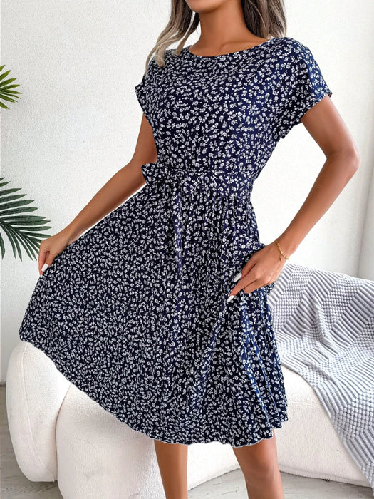 Dark Blue Floral Printed A-Line Vintage Style Chiffon Temperament Dress On Sale