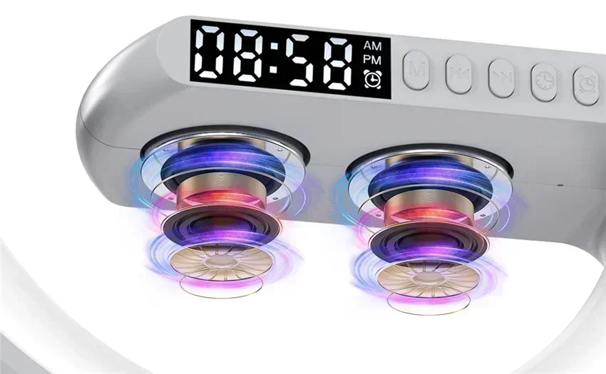 Smart Wireless Phone Charger with Bluetooth 5.0 Dual Speakers LED Alarm Clock and Atmosphere Night Light Lamp On Sale