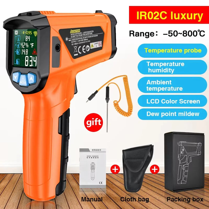 IR02A 800 C Handheld Non Contact Digital Infrared Thermometer Laser Point Temperature Reader With Humidity and Dew Point Display On SaleHandheld Non Contact Digital Infrared Thermometer Laser Point Temperature Reader With Humidity and Dew Point Display On Sale
