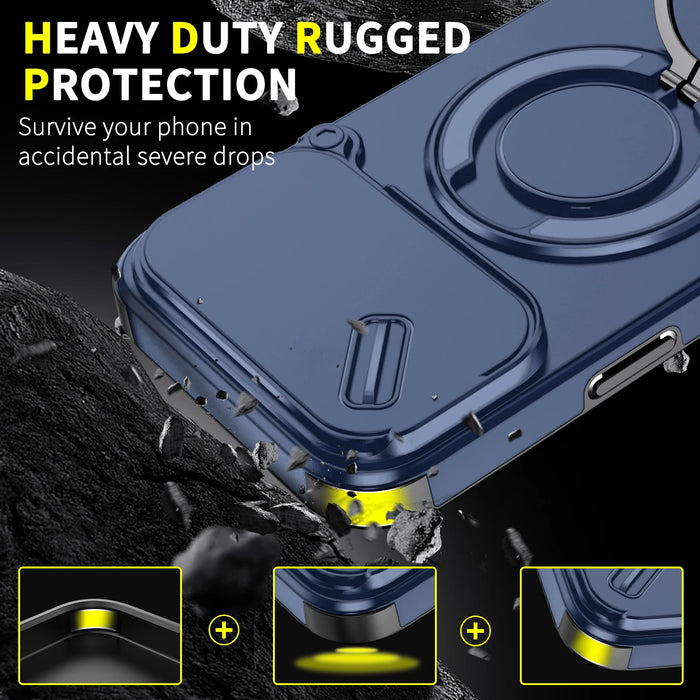 iPhone Magnetic Ring Stand Armor Case With Camera Protection Slide Cover For iPhone 17, 16, 15, 14, 13 Series On Sale