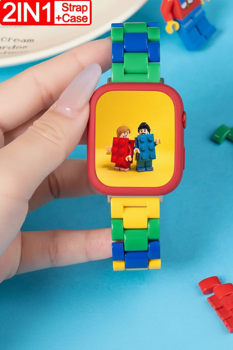 Colourful brick-style resin watch band with matching protective case compatible with Apple Watch 38mm–49mm on sale