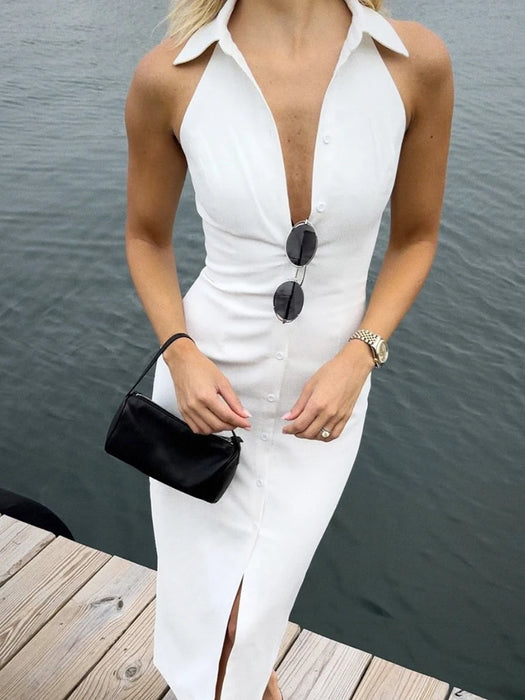 White Collar Single Breasted Sleeveless Long Dresses On Sale