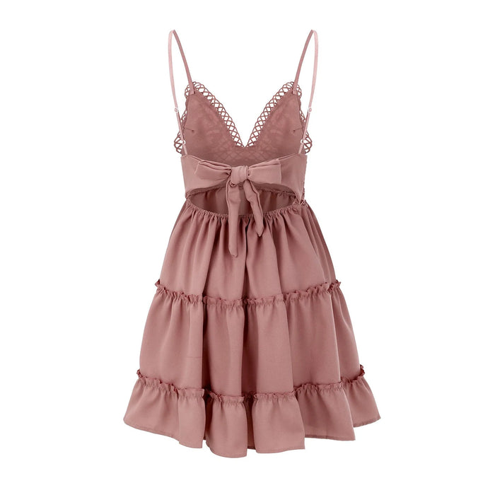 Pink Spaghetti Strap Backless Lace Bowtie Dresses On Sale