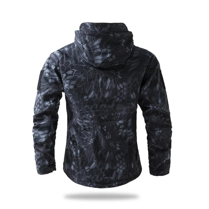 Black Scale Pattern Men’s Waterproof Softshell Jacket with Fleece Lining – Hooded Outdoor Camouflage Coat On Sale