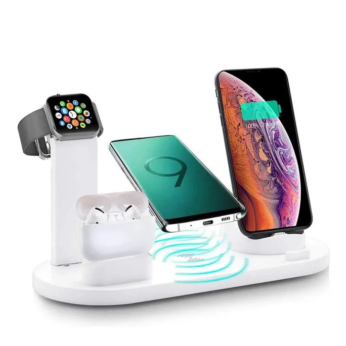 White Qi-compatible Multi-device Wireless Charging Station With Smartphone, Smartwatch Holder and Earbud Charging Support On Sale