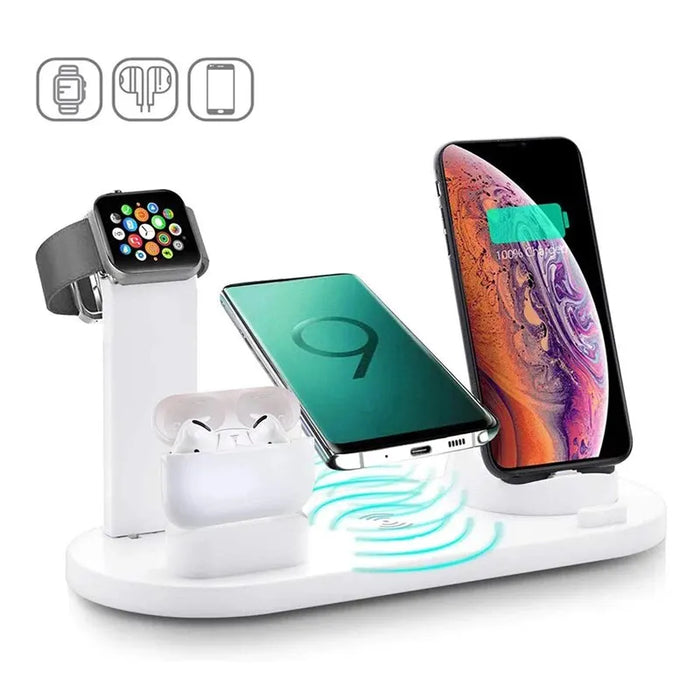 White Qi-compatible Multi-device Wireless Charging Station With Smartphone, Smartwatch Holder and Earbud Charging Support On Sale