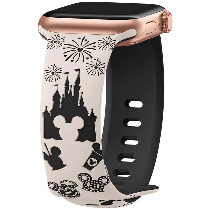 White Black 3D Dream Disney Mickey Mouse Castle Theme Design Silicone Apple Watch Band On Sale