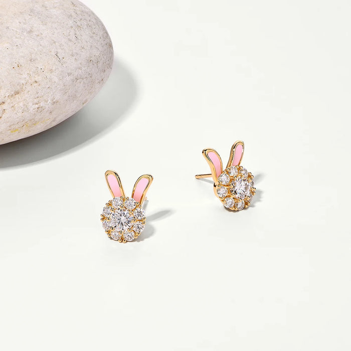 925 Sterling Silver White Gold Plated Moissanite Diamond Bunny Ears Enamel Design Stud Earrings On Sale