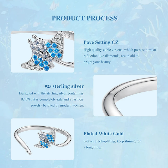 925 Sterling Silver Ocean Marine Life Manta Ray Fish Theme Open Rings Collection On Sale