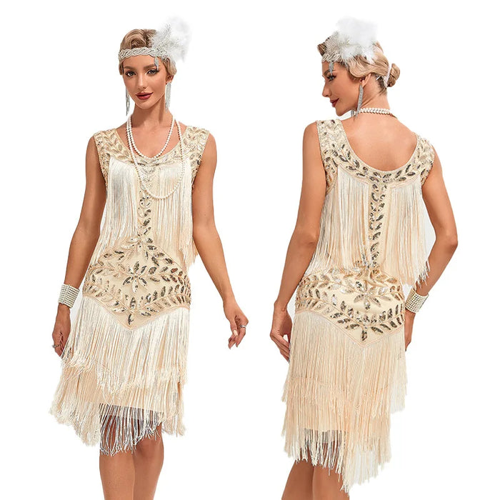 1920s Vintage Gatsby Style Beige Sequin Fringed Flapper Cocktail Party Dress on Sale