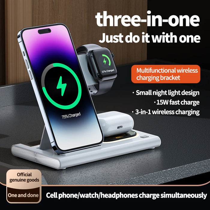 3-in-1 wireless charging stand with night light design for compatible smartphone, smartwatch and earbuds on sale