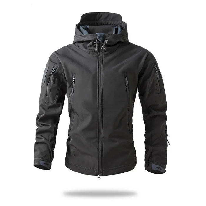 Black Men’s Waterproof Softshell Jacket with Fleece Lining – Hooded Outdoor Coat On Sale