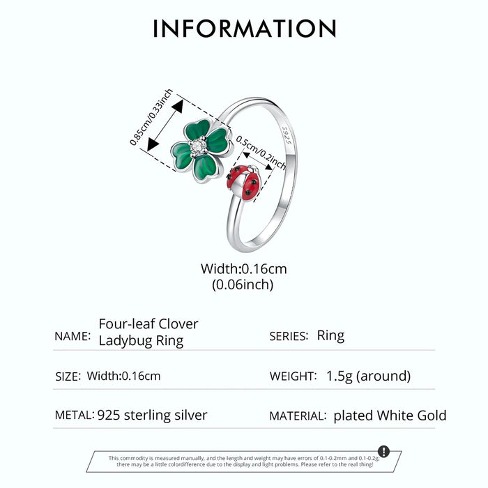 925 Sterling Silver Green Lucky Cloverleaf And Ladybug Ring On Sale
