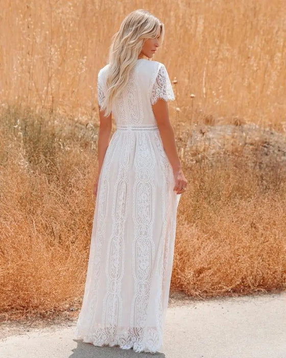 Bohemian Style Deep-V Short Sleeves Floral Lace Maxi Dress On Sale