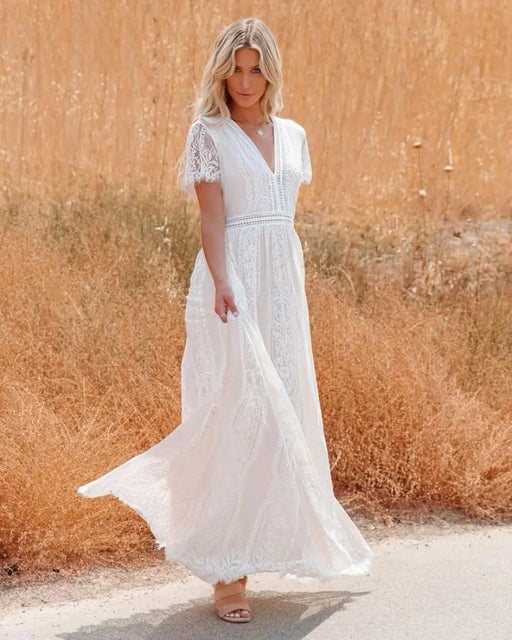 Bohemian Style Deep-V Short Sleeves Floral Lace Maxi Dress On Sale