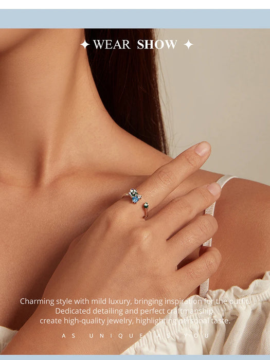 925 Sterling Silver Enamel Flower Adjustable Open Ring With Zircon On Sale