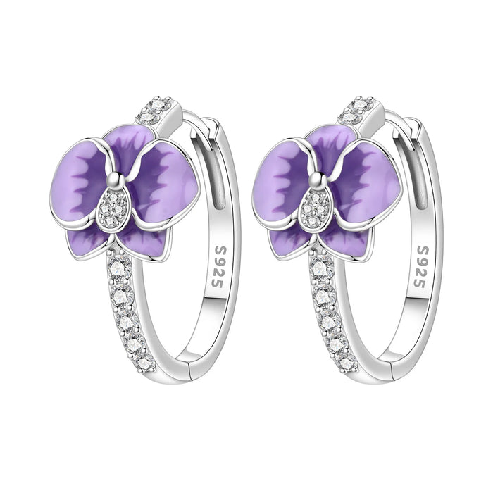 925 Sterling Silver Flower Design Hoop Earrings - Purple Enamel Butterfly Orchid On Sale