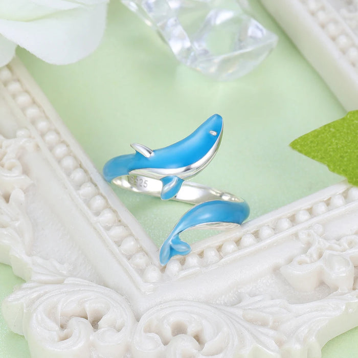 925 Sterling Silver White Gold Plated Glow-in-the-dark Enamel Whale Adjustable Rings On Sale