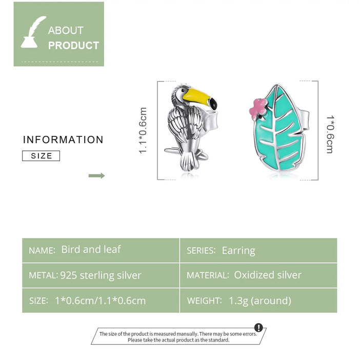 925 Sterling Silver Tropical Bird And Leaf Stud Earrings On Sale