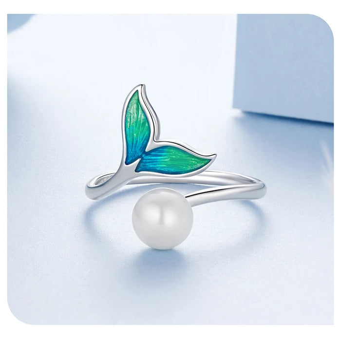 925 Sterling Silver Enamel Mermaid Tail And Pearl Adjustable Ring On Sale