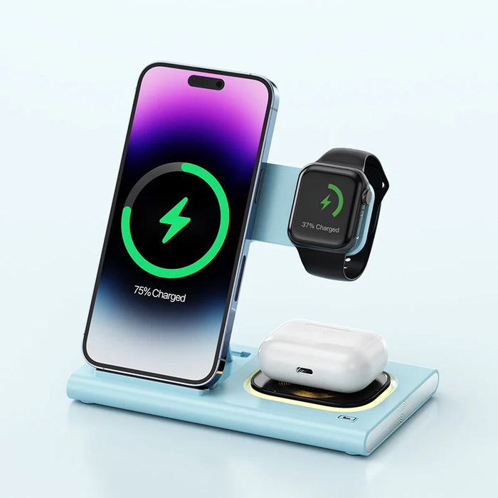 3-in-1 wireless charging stand in blue