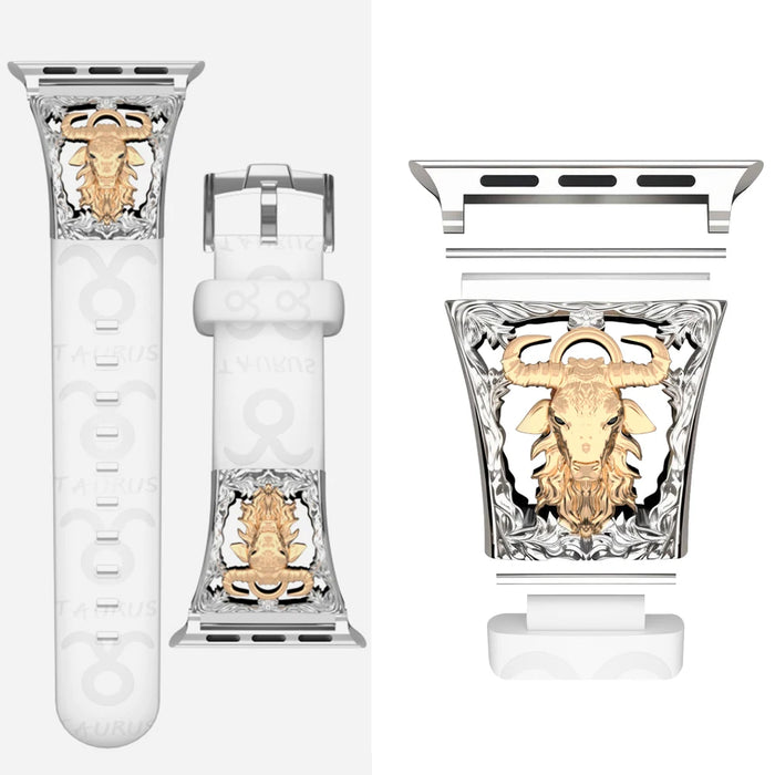 Taurus White - 12 Constellations Silicone Sport Watch Band With Stainless Steel Zodiac Symbol Detail Compatible with Apple Watch Series 1–11, SE, Ultra, and Ultra 2 On Sale