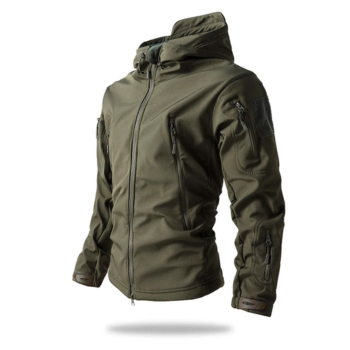 Army Green Men’s Waterproof Softshell Jacket with Fleece Lining – Hooded Outdoor Coat On Sale