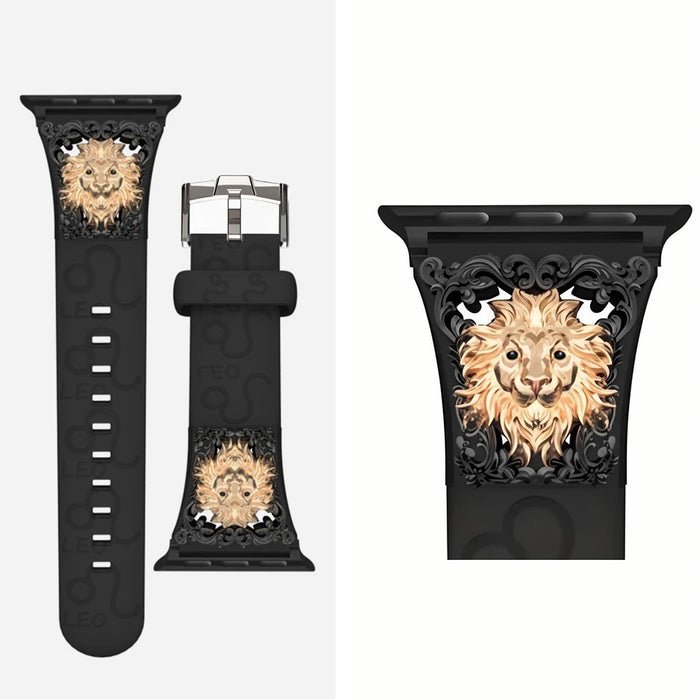 Leo Black - 12 Constellations Silicone Sport Watch Band With Stainless Steel Zodiac Symbol Detail Compatible with Apple Watch Series 1–11, SE, Ultra, and Ultra 2 On Sale