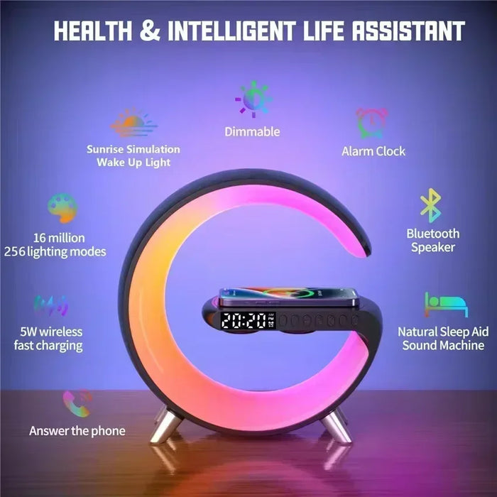 Smart Wireless Phone Charger with Bluetooth 5.0 Dual Speakers LED Alarm Clock and Atmosphere Night Light Lamp On Sale