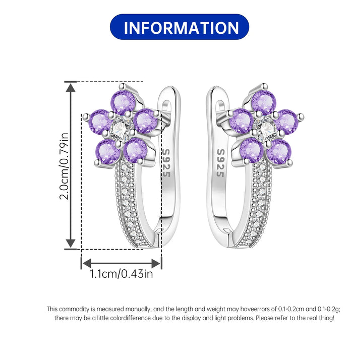 925 Sterling Silver Floral Design Hoop Earrings - Purple Flower On Sale