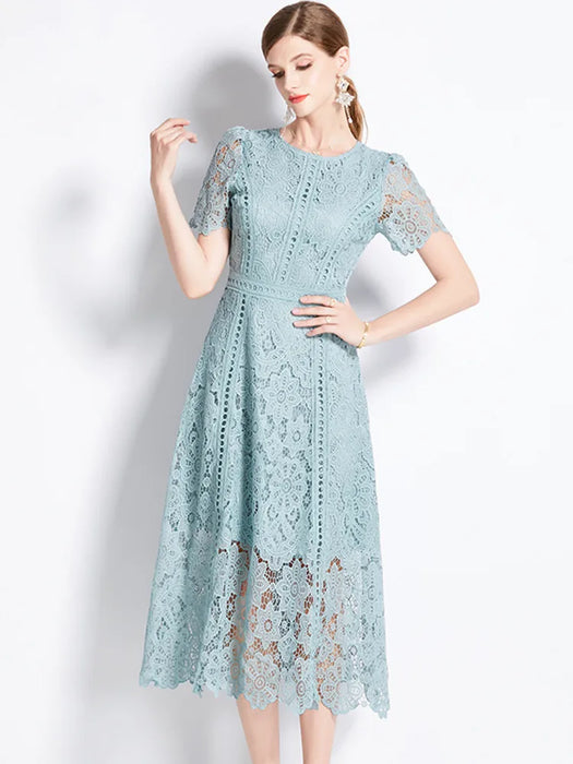 Elegant Vintage Style Green Lace Hollow Out Short Sleeve Long Dress On Sale
