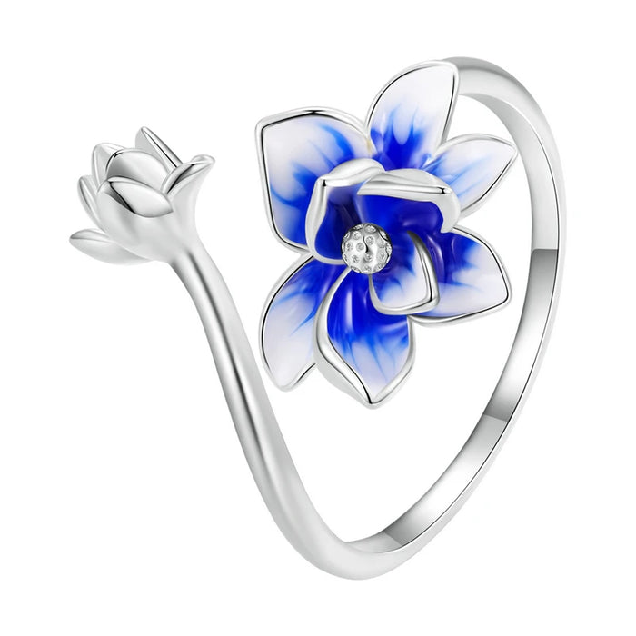 925 Sterling Silver Enamel Flower Adjustable Open Ring With Zircon On Sale