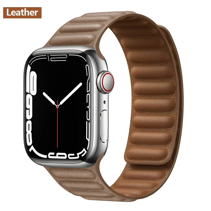 Light Brown Leather Link Magnetic Loop Apple Watch Band On Sale