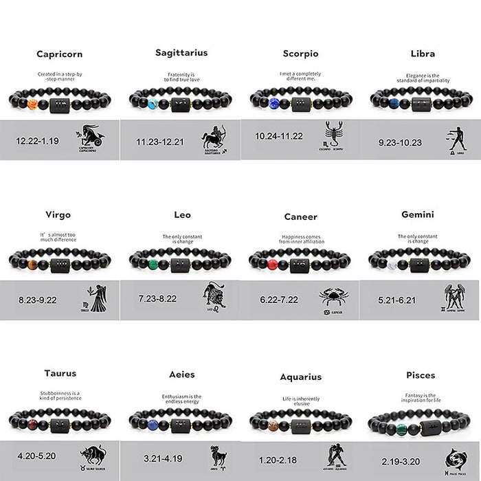Black Obsidian Zodiac Constellation Charm Black Onyx Natural Stone Bead Bracelet For Women And Men On Sale