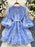 Blue Elegant Vintage French Embroidery Lace Style Long Lantern Sleeves Shirt Dress On Sale