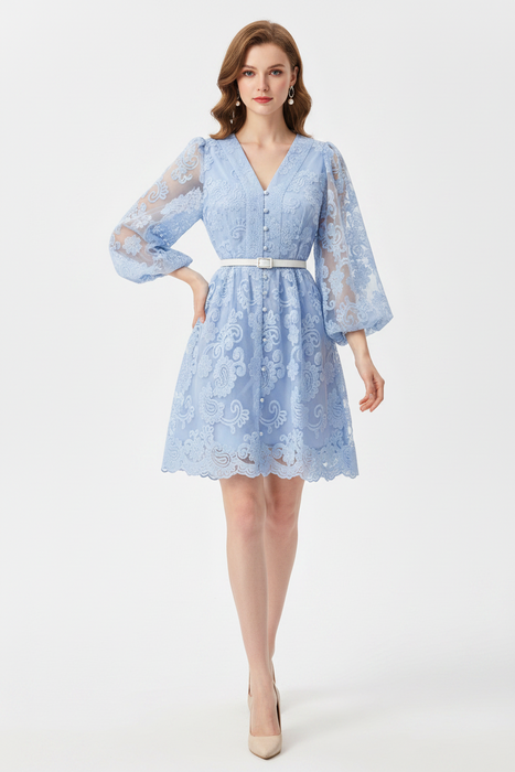 Blue Elegant Vintage French Embroidery Lace Style Long Lantern Sleeves Shirt Dress On Sale