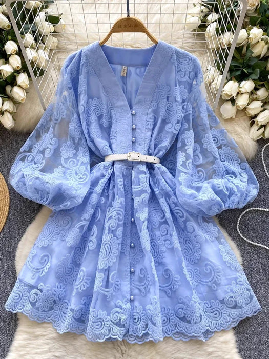 Blue Elegant Vintage French Embroidery Lace Style Long Lantern Sleeves Shirt Dress On Sale