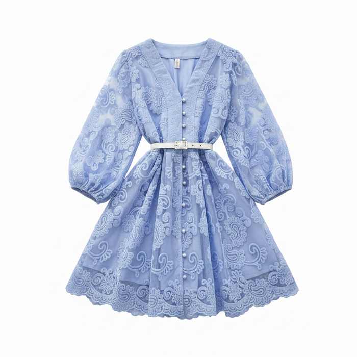 Blue Elegant Vintage French Embroidery Lace Style Long Lantern Sleeves Shirt Dress On Sale