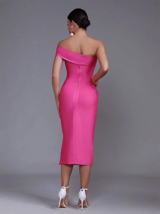Pink Elegant Midi Bandage Bodycon Side Split Dress On Sale