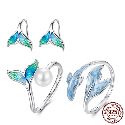 925 Sterling Silver White Gold Plated Enamel Whale Adjustable Rings And Earrings Jewelry Set On Sale