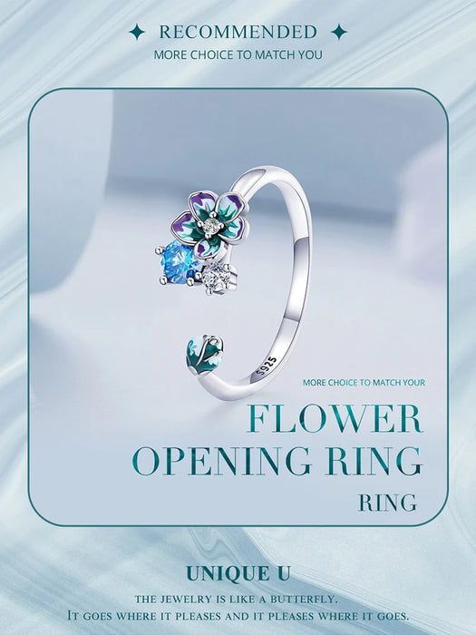 925 Sterling Silver Enamel Flower Adjustable Open Ring With Zircon On Sale