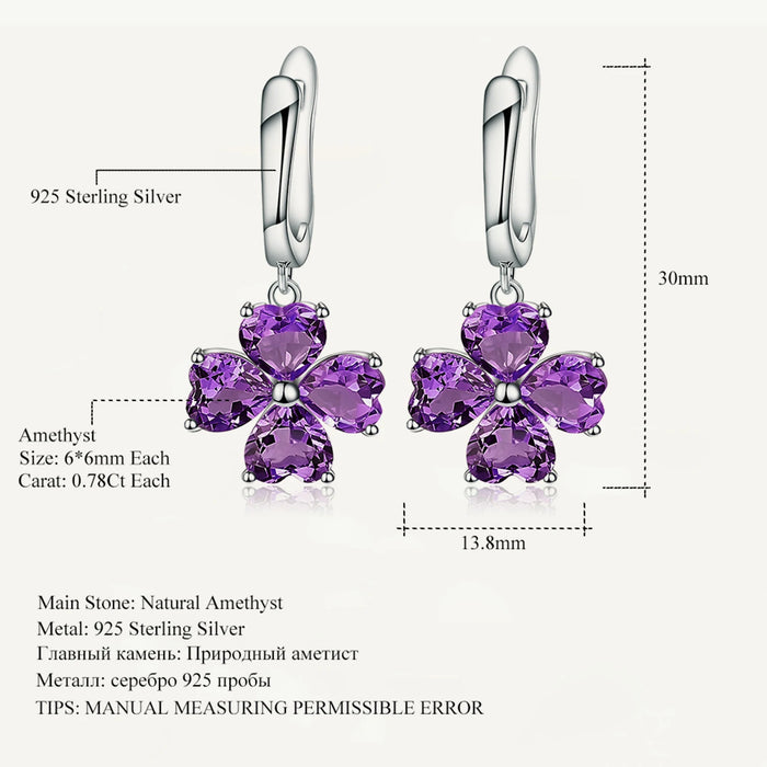 925 Sterling Silver Natural Amethyst Crystal Clover Clip Earrings On Sale