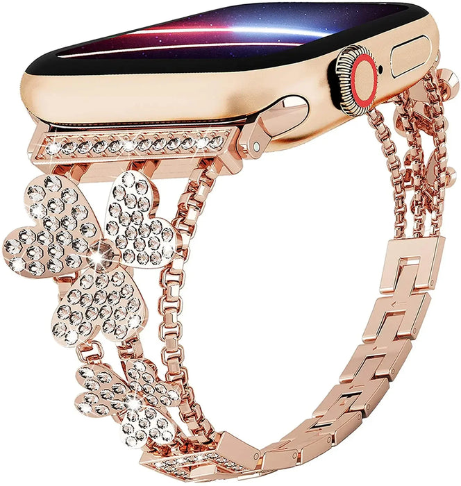 Rose Gold Cloverleaf Diamond Women Stainless Steel Apple Watch Bracelet For Ultra, 49mm, 46mm, 45mm, 44mm, 42mm, 41mm, 40mm, 38mm On Sale