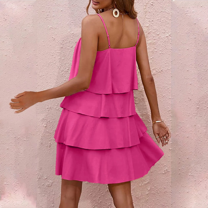 Hot Pink Ruffle Tiered Layered spaghetti Strap Chiffon Mini Swing Dress On Sale