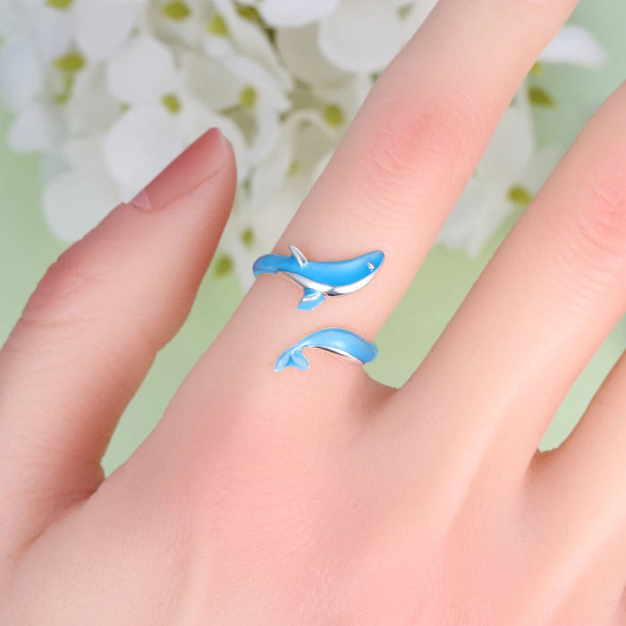 925 Sterling Silver White Gold Plated Glow-in-the-dark Enamel Whale Adjustable Rings On Sale