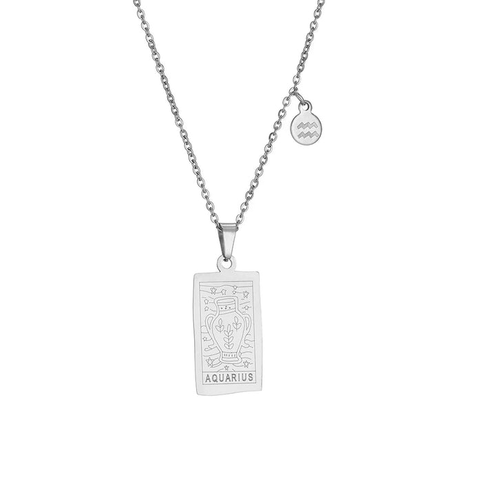 Silver Aquarius Zodiac Sign Stainless Steel Pendant Necklace – Tarot Card Style Constellation Necklace for Women On Sale
